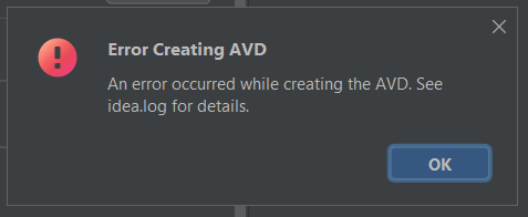 An error occurred while creating the AVD