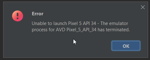 Unable to launch Pixel 5 API 34 - The emulator
